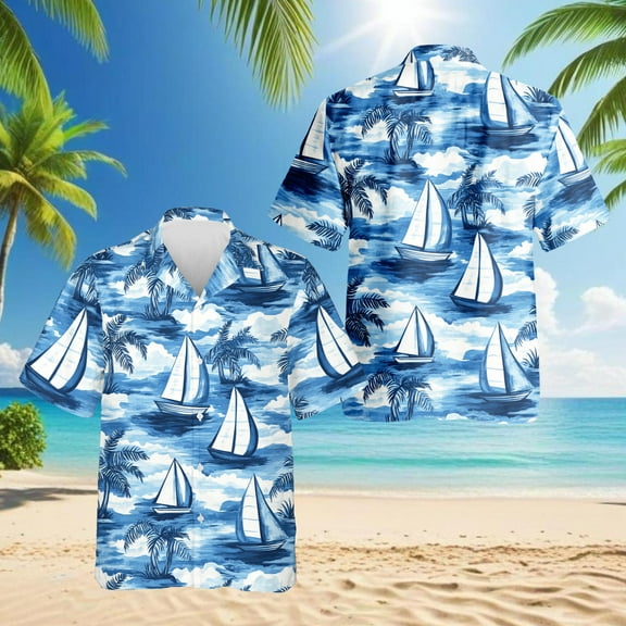 Sailboats Blue Hawaiian Shirt for Men, Button Down Summer Beach Short Sleeve, Tropical Style, Sizes S-5XL
