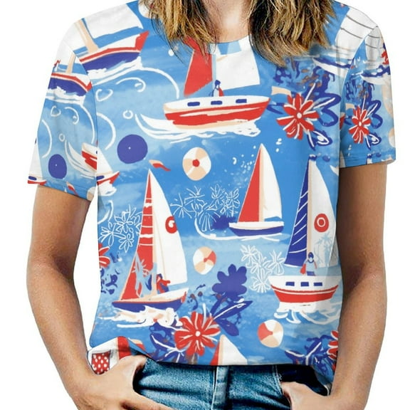 Sailboats Blue Red White Womens Tops Women's Fashion Casual Short Sleeve Flower Print Round Neck Pullover Top Blouse
