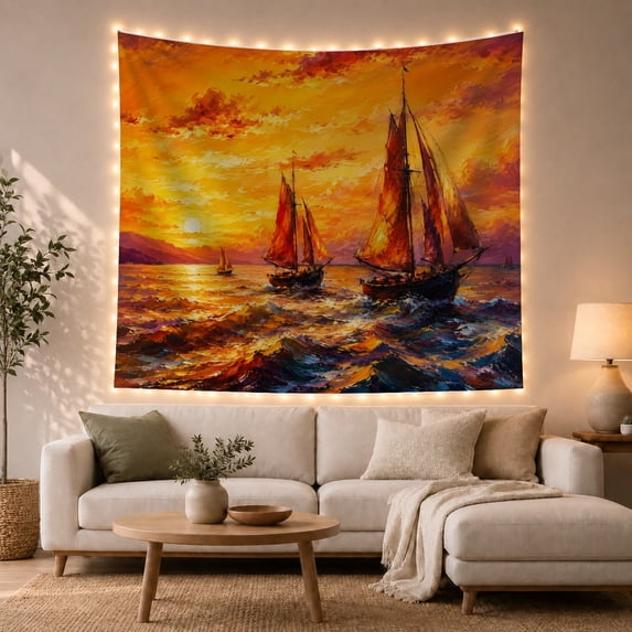 Sailboats Crossing a Golden Sunset Sea, Romantic Coastal Style for Ocean Lovers, Ocean Wall Decor, Housewarming Gift, Tapestry Wall Hanging for Bedroom and Living Room