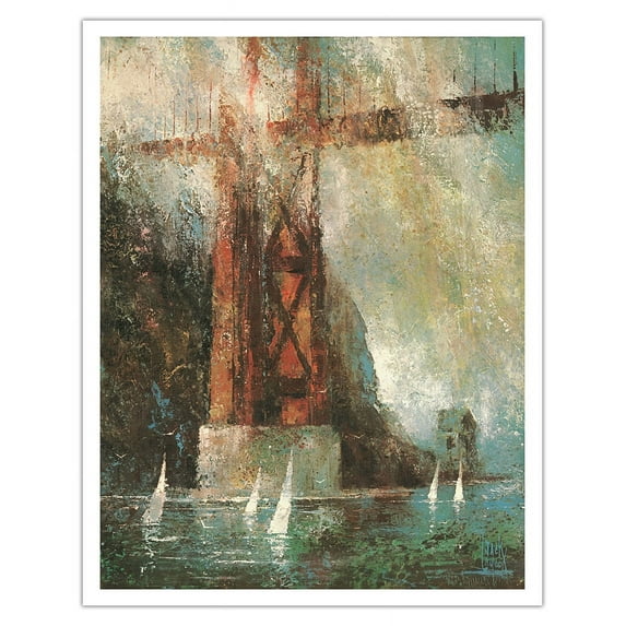 Sailboats under Golden Gate Bridge - San Francisco California - Vintage Travel Poster by Jack Laycox c.1970s - Fine Art Matte Paper Print (Unframed) 11x14in