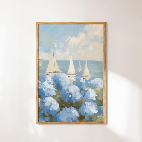 Sailboats & Hydrangea Coastal Nautical Wall Decoration, Unframed Paper Poster 8x10in