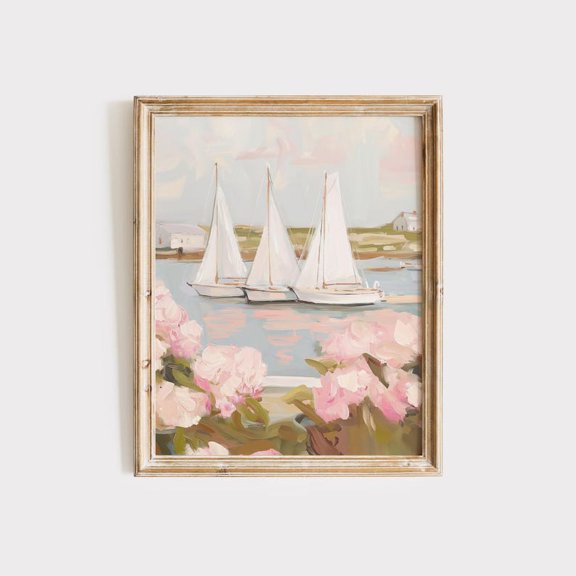 Sailboats & Hydrangeas Painting | Coastal Wall Art | Coastal Granddaughter Decor, Matte Canvas Stretched, Posters for Room Bedroom Living Room Bathroom Wall Decor, Posters & Art Prints, Gift.