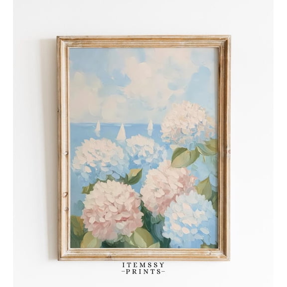 Sailboats Hydrangeas Poster Art, Coastal Granddaughter Decor, Trendy Pink Apartment Wall Art, Nautical, Kitchen Poster Decor, 24x36 UNFRAMED