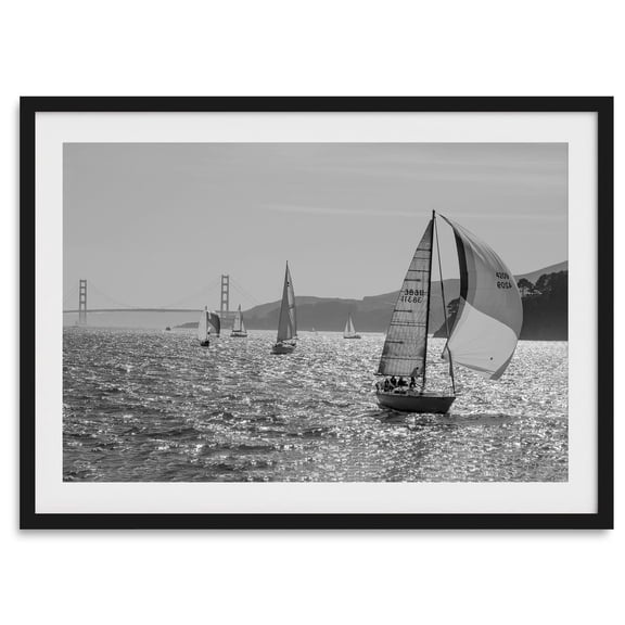 Sailboats In San Francisco Fine Art Photography Print Golden Gate Bridge Wall Art BW Sf Bay Area Photo For Home Decor, Unframed Paper Print