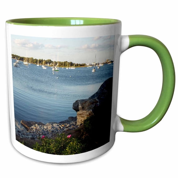 3drose, Sailboats in the Rocky Harbor, 15oz Two-tone Green Mug