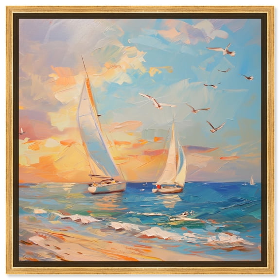 Sailboats In The Sunset Sailing Wall Art Canvas Wall Art by Art Remedy, Gold Floater Frame, 41.5" x 41.5"