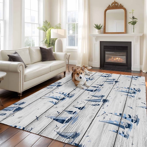 Sailboats Large Area Rugs 6x9 ft Summer Blue Boat Seagull Wood Grain Washable Rug Non Slip Indoor Carpet Absorbent Floor Mat for Living Room Bedroom Dining Room