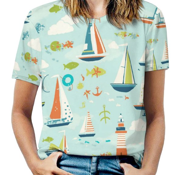 Sailboats Lighthouse Sea Life Women's Short Sleeve Tops Casual Blouses T Shirt