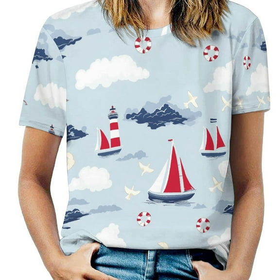 Sailboats Lighthouses Clouds Women's Short Sleeve T-Shirt Crew Neck Casual Summer Trendy Loose Fit Tops