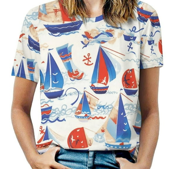 Sailboats Ocean Waves-1 Womens Tops Women's Fashion Casual Short Sleeve Flower Print Round Neck Pullover Top Blouse