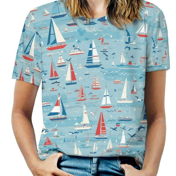 Sailboats Ocean Waves Women's Short Sleeve Tops Casual Blouses T Shirt