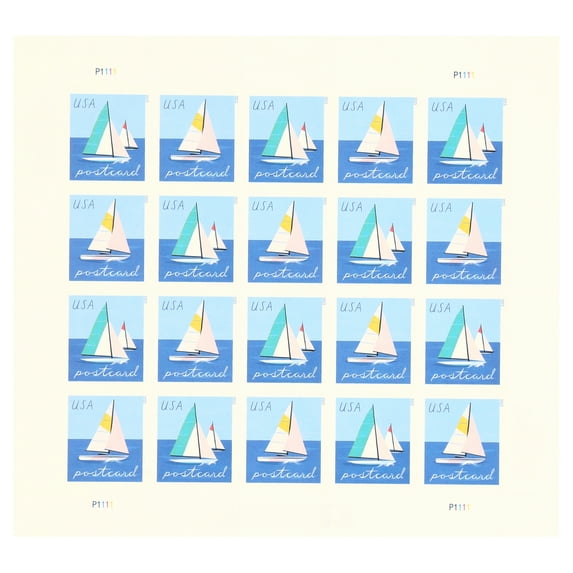 Sailboats POSTCARD RATE USPS Postage Stamps Sheet of 20 US Postal First Class Water Ocean Outdoor Lake Summer Sailing Celebration Anniversary (20 Stamps)