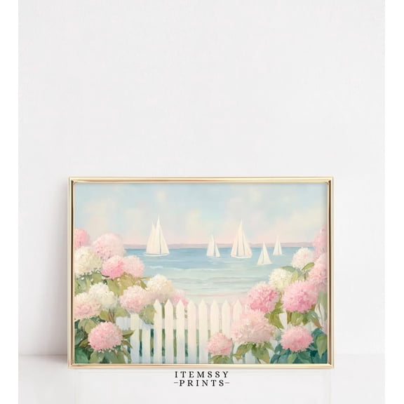Sailboats Pink Hydrangeas Pastel Seascape Nautical Wall Art UNFRAMED PAPER POSTER