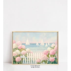Sailboats Pink Hydrangeas Pastel Seascape Nautical Wall Art, Unframed Paper Poster 8x10in