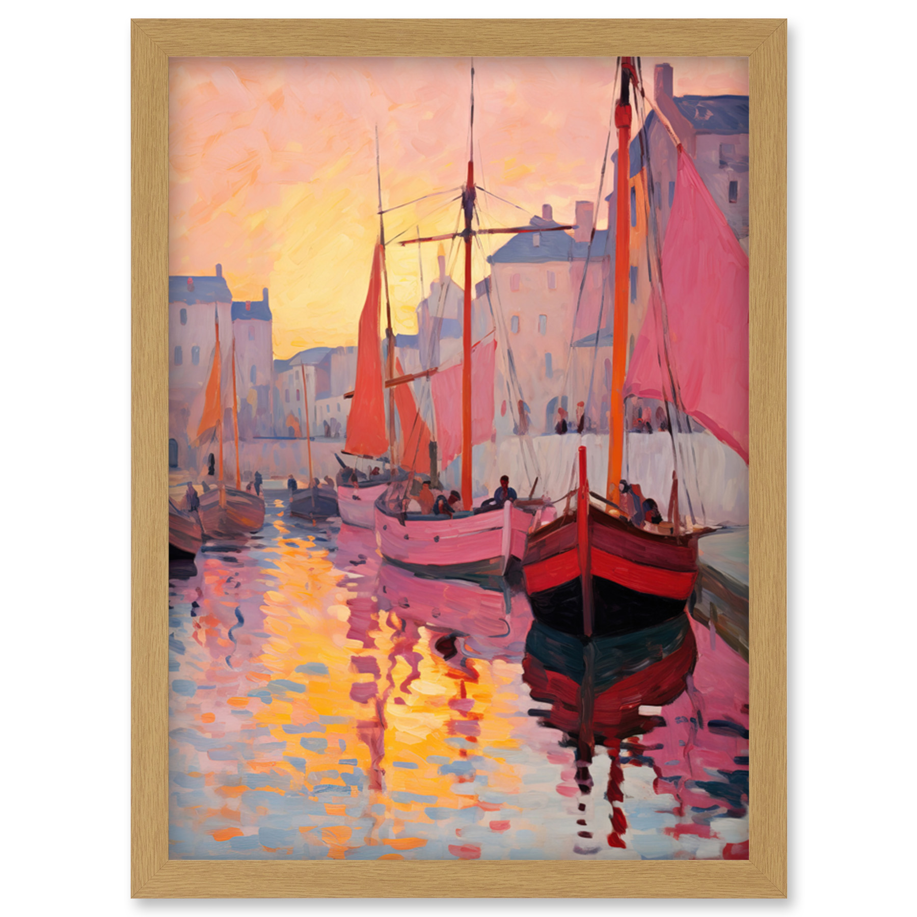 Sailboats Reflecting in Harbour Water Pink Orange Sunset Oil Painting ...