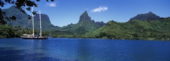 Sailboats Sailing In The Ocean Opunohu Bay Moorea French Polynesia Canvas Art - Panoramic Images (36 x 13)
