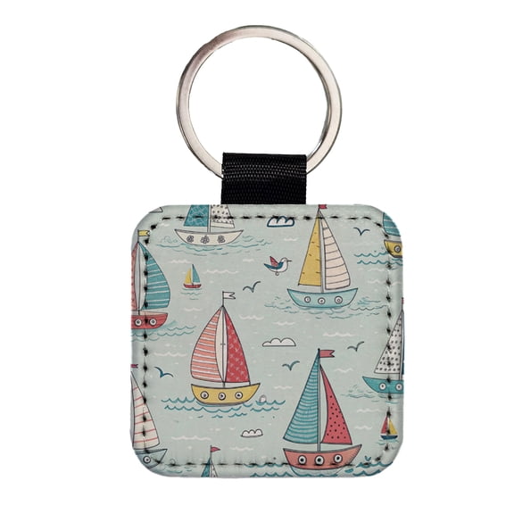 Sailboats Scattered Faux Leather Square Keychain