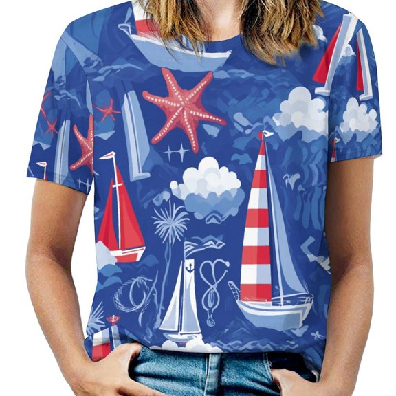Sailboats Starfish Ocean Waves Women's Short Sleeve Tops Casual Blouses T Shirt