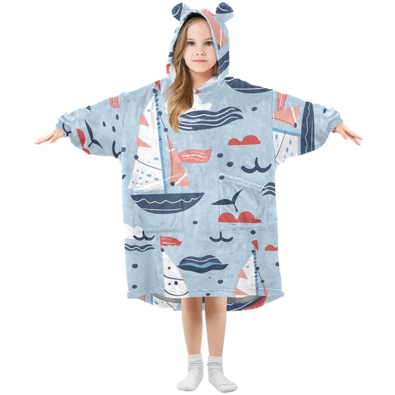 Sailboats Waves Clouds Flannel Wearable Blankets Hooded Design Long Sleeves Wrap Unisex for 3T-14Y L