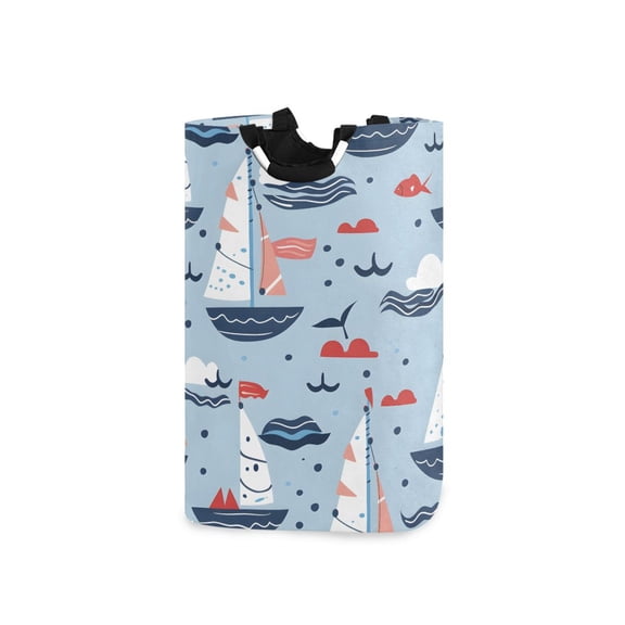 Sailboats Waves Clouds Laundry Basket with Handles Foldable Laundry Hamper Freestanding Washing Bin 50L