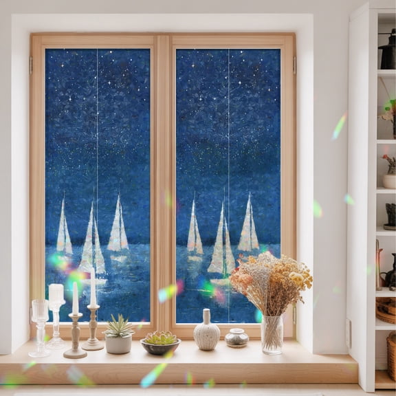 Sailboats Window Privacy Film Night Nautical Starry Night Ocean Static Cling Stained Glass Window Film Non-Adhesive Decorative Decals Rainbow Sticker 23.6"X59"