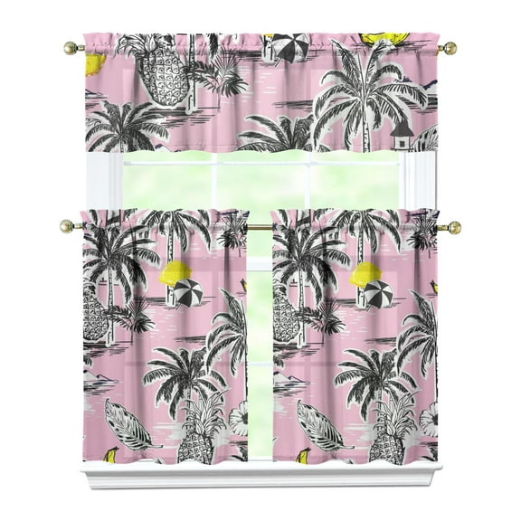 Sailboats and Palm Trees Kitchen Window Curtains Set, 27.5x36in Polyester Tropical Valance and Tiers, Coastal Summer Window Treatments