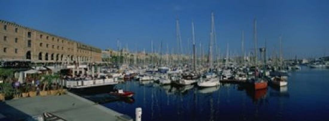 Sailboats at a harbor Barcelona Catalonia Spain Canvas Art - Panoramic Images (18 x 7)