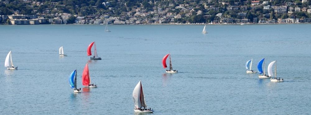 Sailboats on San Francisco Bay with Sausalito in background Angel Island California USA Canvas Art - Panoramic Images (27 x 9)