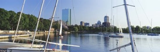 Sailboats in a river with city in the background Charles River Back Bay Boston Suffolk County Massachusetts USA Canvas Art - Panoramic Images (36 x 12)