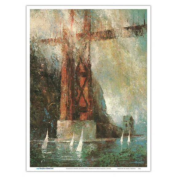 Sailboats under Golden Gate Bridge - San Francisco California - Vintage Travel Poster by Jack Laycox c.1970s - Master Art Print (Unframed) 9in x 12in