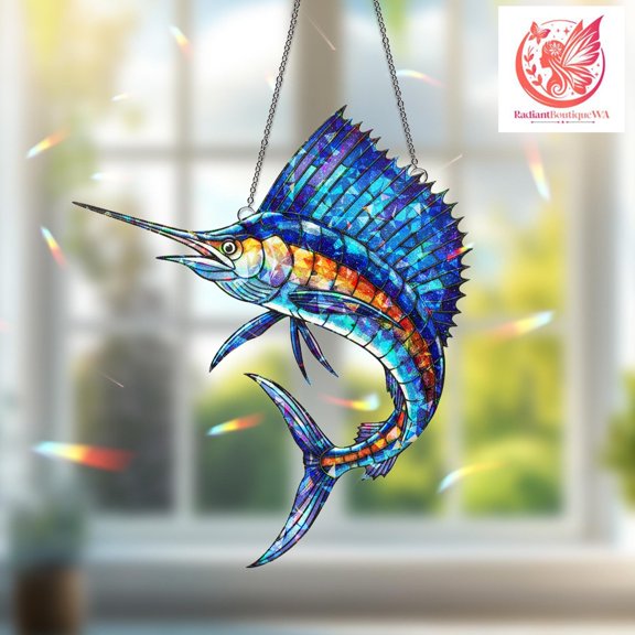 Sailfish Hologram Acrylic Suncatcher Ocean Fish Sea Life Window Hanging Decor Fisherman