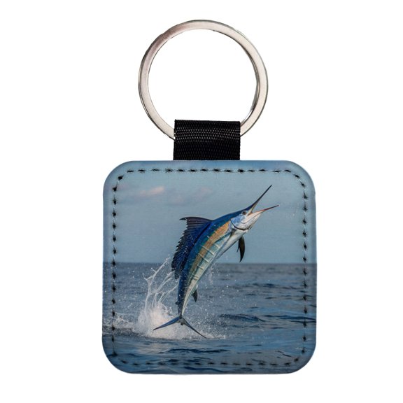 Sailfish Jumping Fishing Faux Leather Square Keychain