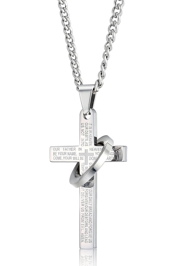 Sailimue Stainless Steel Cross Necklace For Men Women Chain Necklace Lords Prayer Pendant,24 Inches,Silver-Tone