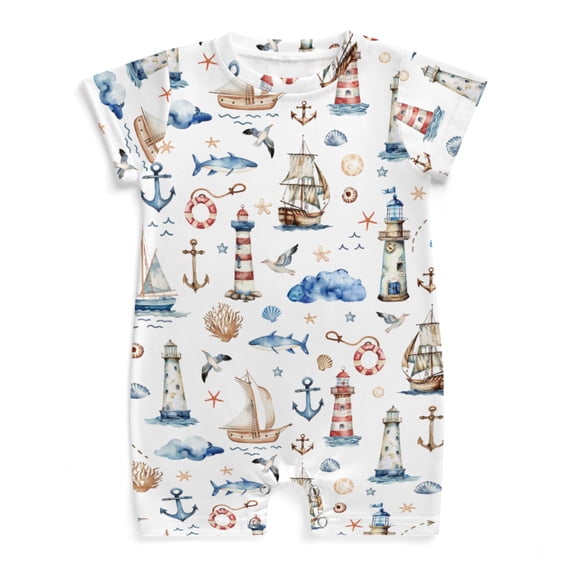 Sailing Adventures Nautical Ocean Infant Romper One Piece for Baby Girl Boat Anchor Lighthouse Sea Life Onesie Short Sleeve Summer Clothes