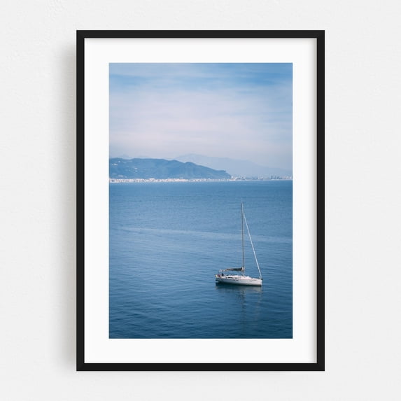 Sailing, Amalfi Coast - Campania Italy Photography Boat Ocean Coastal Water Scenic Landscape Minimalist Black Framed Wall Art Print 5 x 7 inches