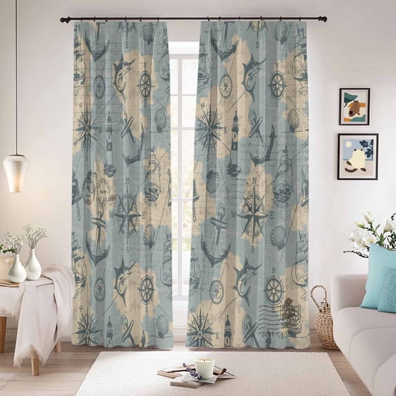 Sailing Anchor Blackout Curtains for Bedroom/Living Room, Pinch Pleated Black Out Curtains, Retro Compass Lighthouse Fish Route Map Room Darkening Window Drapes with Hooks 2 Panels, 39"x70"