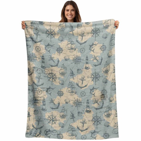 Sailing Anchor Blanket Soft Cozy Warm Throw Blanket for Couch, Plush Fuzzy Flannel Fleece Blankets for Sofa, Retro Compass Lighthouse Fish Route Map Bed Blankets Lightweight Gifts for Women, 40"x50"