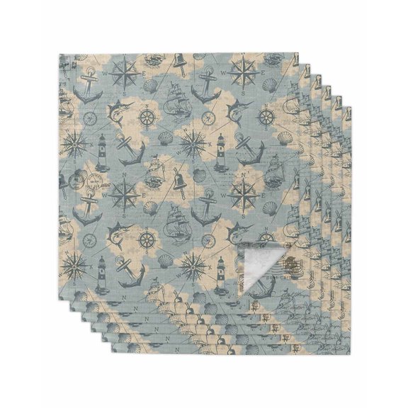 Sailing Anchor Cloth Napkins Set of 6 Reusable Dinner Napkins, Retro Compass Lighthouse Fish Route Map Cocktail Napkin Washable Table Napkins for Wedding/Holiday Party/Baby Shower 20"x20"