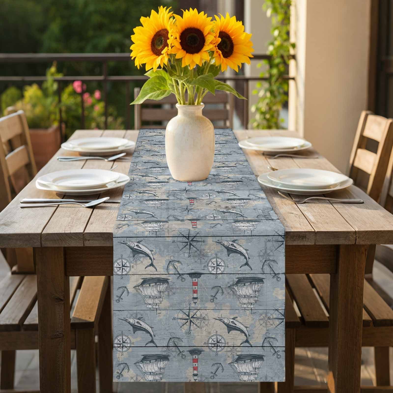 Sailing Anchor Compass Fish Table Runner-70 Inch Long Retro Wood Plank ...