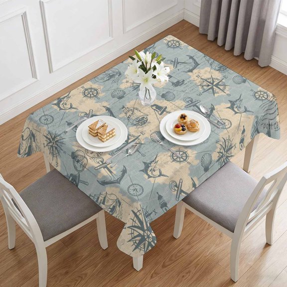 Sailing Anchor Compass Lighthouse Table Cloth 60x84in, Waterproof Rectangle Tablecloth Wipeable Tablecloths Retro Fish on Map Table Covers for Dining Tables Party Indoor Outdoor