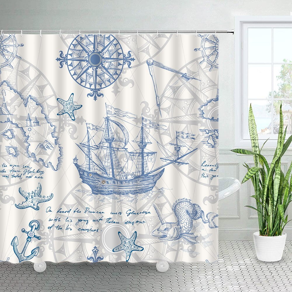 Sailing Anchor Nautical Shower Curtain Set Ocean Wave Boat Nature