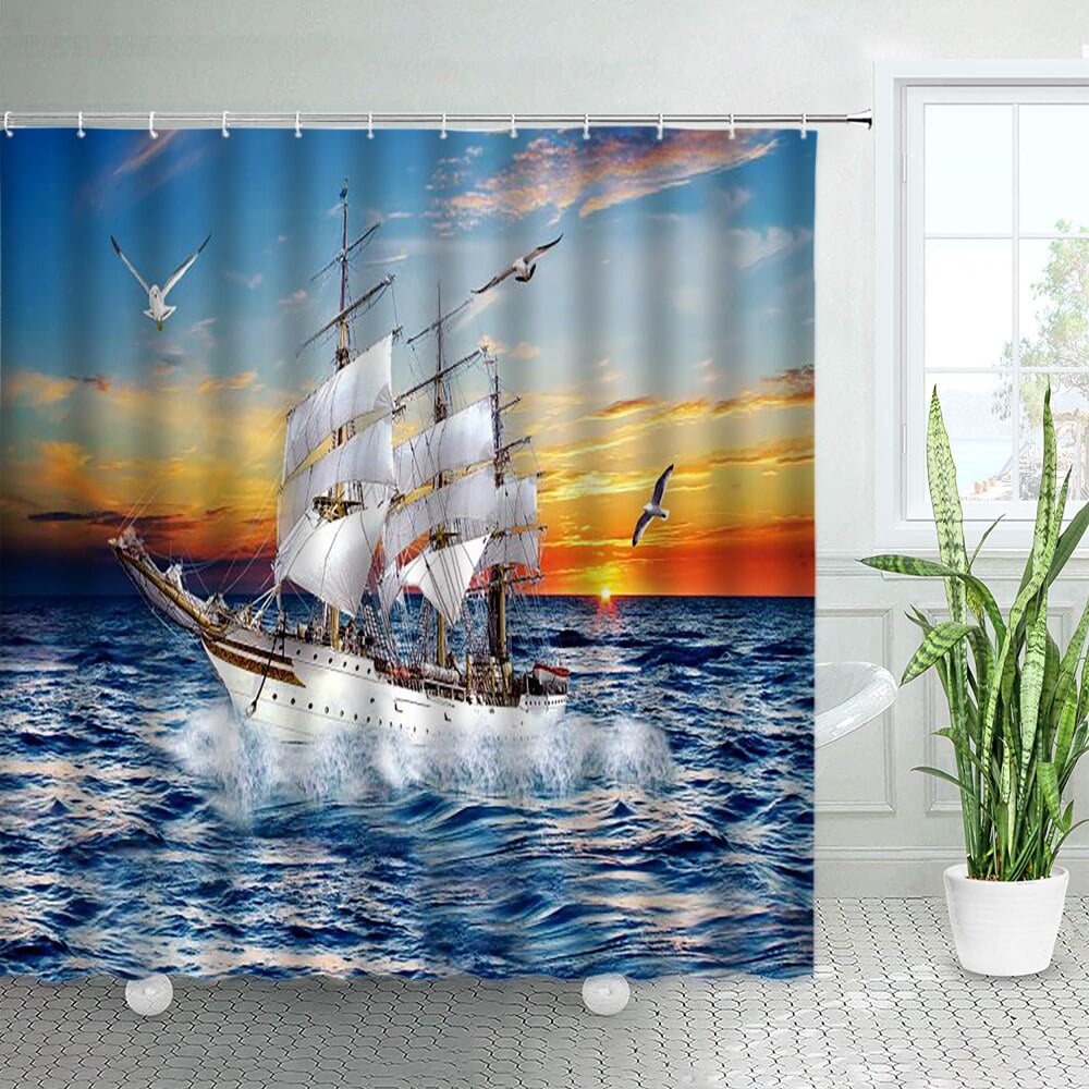 Sailing Anchor Nautical Shower Curtain Set Ocean Wave Boat Nature ...