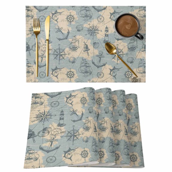 Sailing Anchor Placemats Set of 4 Retro Compass Lighthouse Fish Route Map Place Mats Indoor Wipeable Table Mats Washable Cloth Dining Table Placemats for Kitchen Holiday Party Home Decor 13x19 Inch