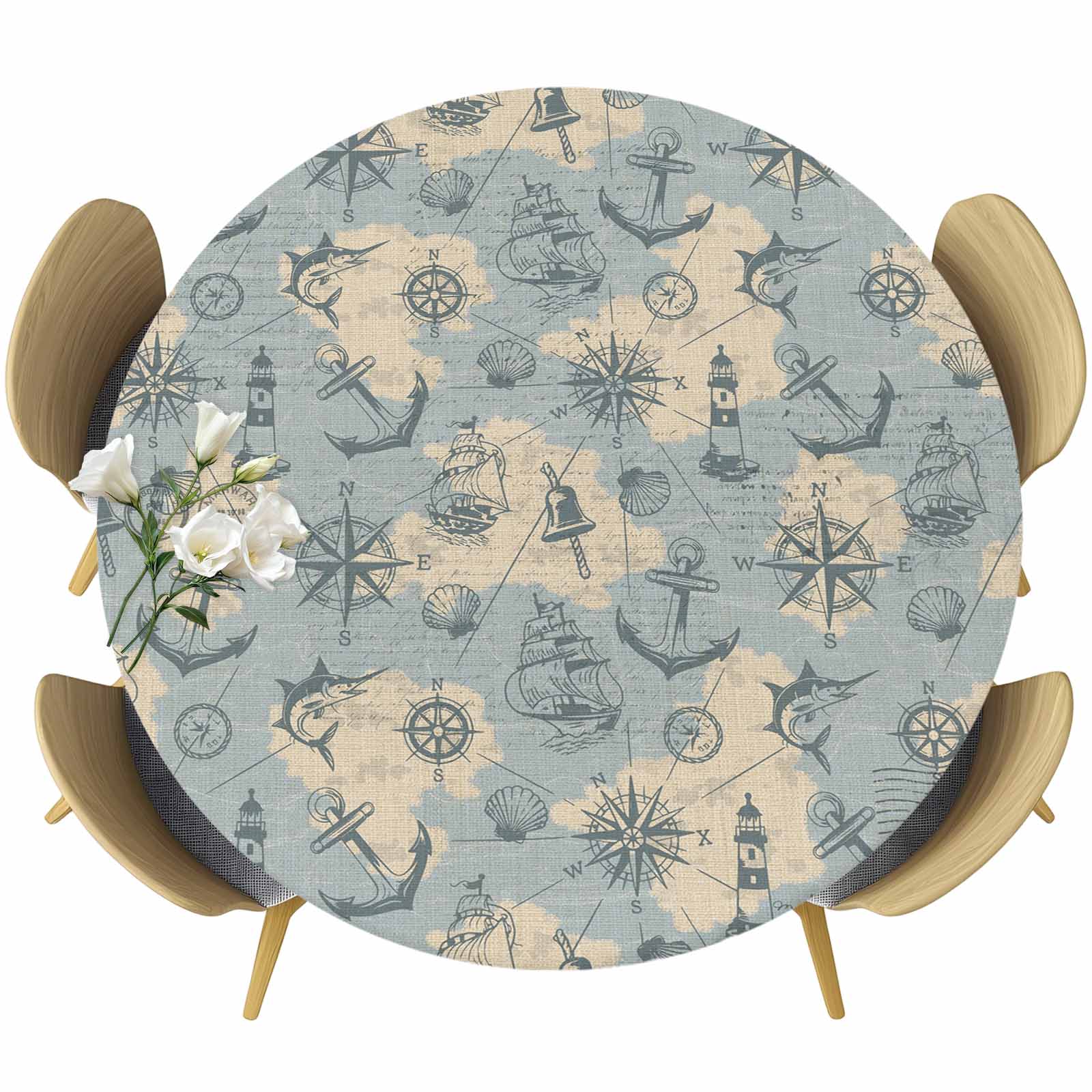 Sailing Anchor Round Tablecloth, Fitted Table Cover with Elastic for 36 ...