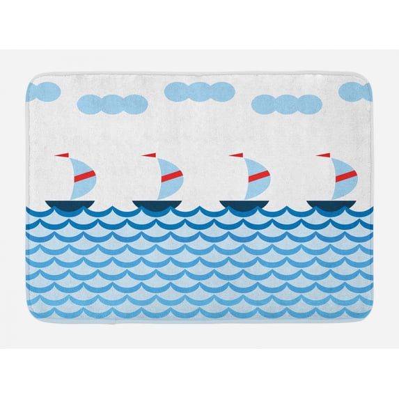 Sailing Bath Mat, Continuous Sailboats on Waves Open Sea Doodle, Plush Bathroom Decor Mat with Non Slip Backing, 29.5" X 17.5", Multicolor, by Ambesonne