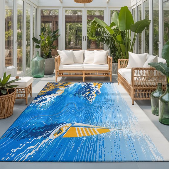 Sailing Boat 9'x12' Area Rugs for Living Room Sectional Sofa, Coastal Marine Blue Striated Ocean Ripples Landscape Washable Sturdy Non Slip Soft Sturdy Rectangle Home Area Rug