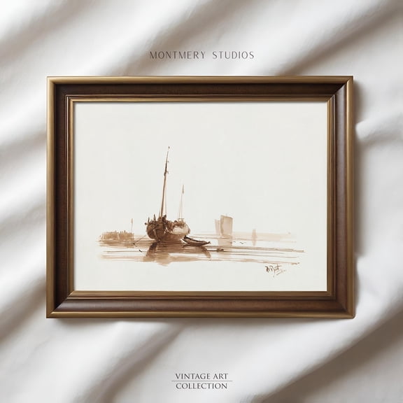 Sailing Boat Art Print Vintage Sailboat Nautical Sketch Nursery Minimalist Sailing Ship Line Brown NA6, Unframed Paper Print