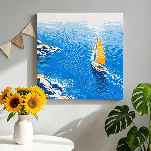 Sailing Boat Canvas Wall Art, Coastal Marine Blue Striated Ocean Ripples Landscape Framed Canvas Wall Decor Picture Print Artwork Decorations for Living Room Office Ready to Hang 8" x 8"