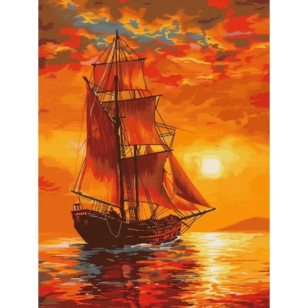 Sailing Boat Golden Sunset Sky Cross Stitc DIY 11CT Stamped Cross Stitch Kits for Beginners Easy Needlepoint Embroidery Counted Cross Stitch Art Craft for Wall Decoration 12x16inch(1)