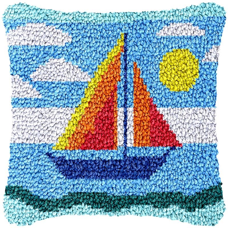 Sailing Boat Latch Hook Pillow Cover Kits for DIY Handmade Throw Pillow Cross Stitch Latch Hook Pillowcase Rug Kits with Preprinted Color Pattern Canvas Crochet Yarn Kits 17''X 17''(ys78)